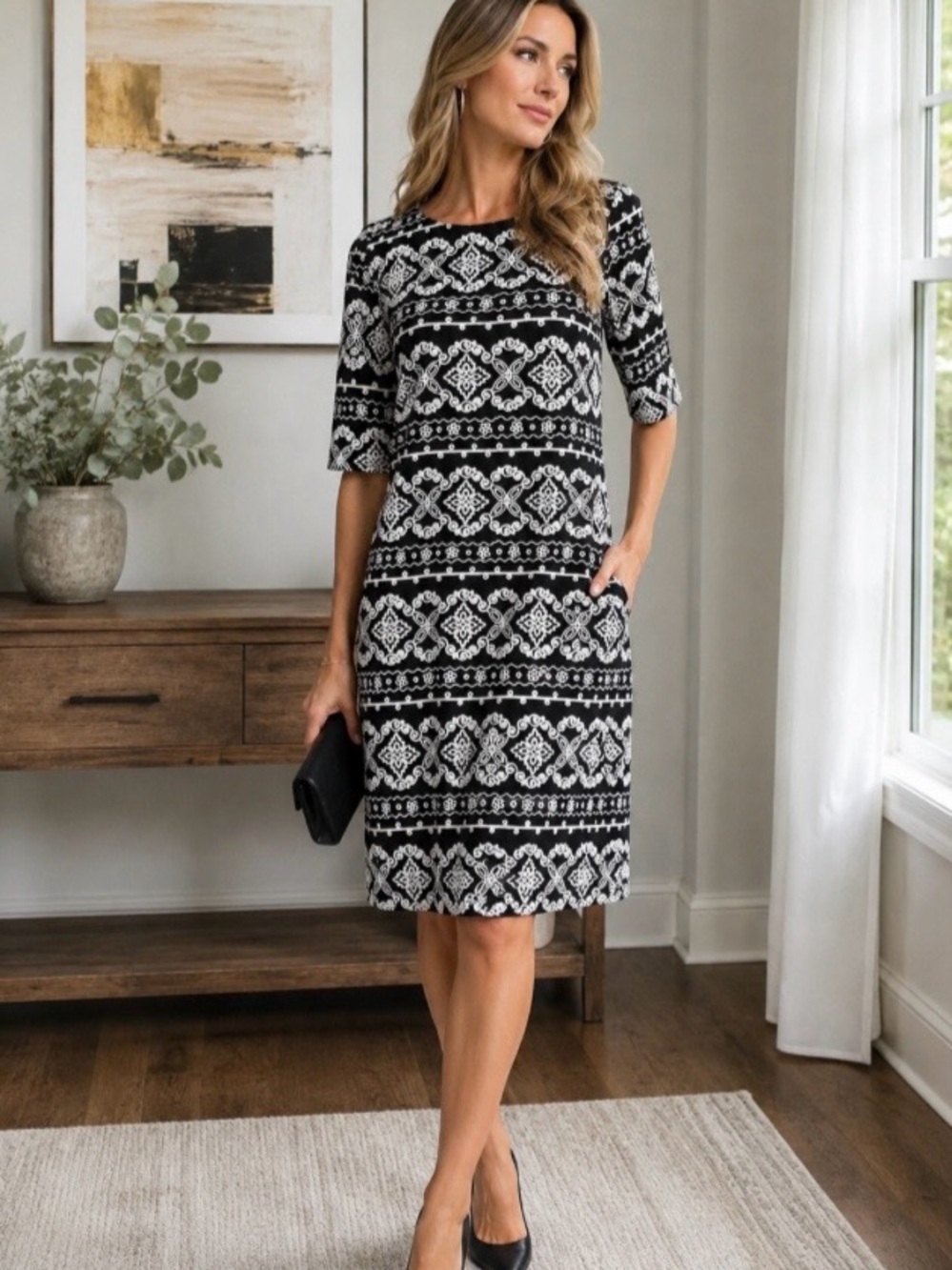 R&K Womens Dress Size 12 Black White Scroll Medallion Print Shift Career Midi